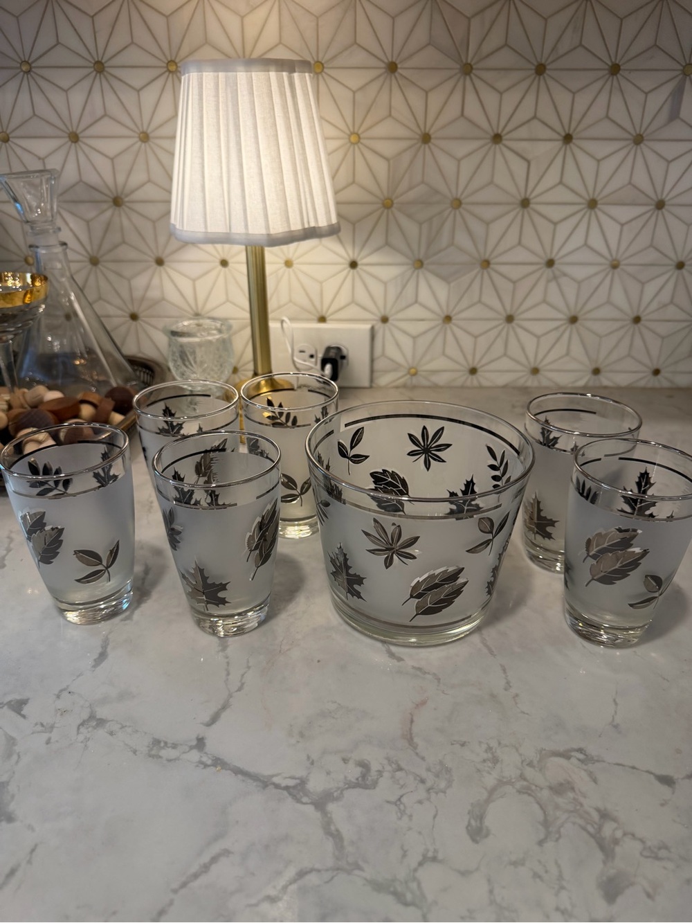 Vintage Frosted Glass Set of 6 glasses/ice bucket- Leaf Motif - Silver Accent